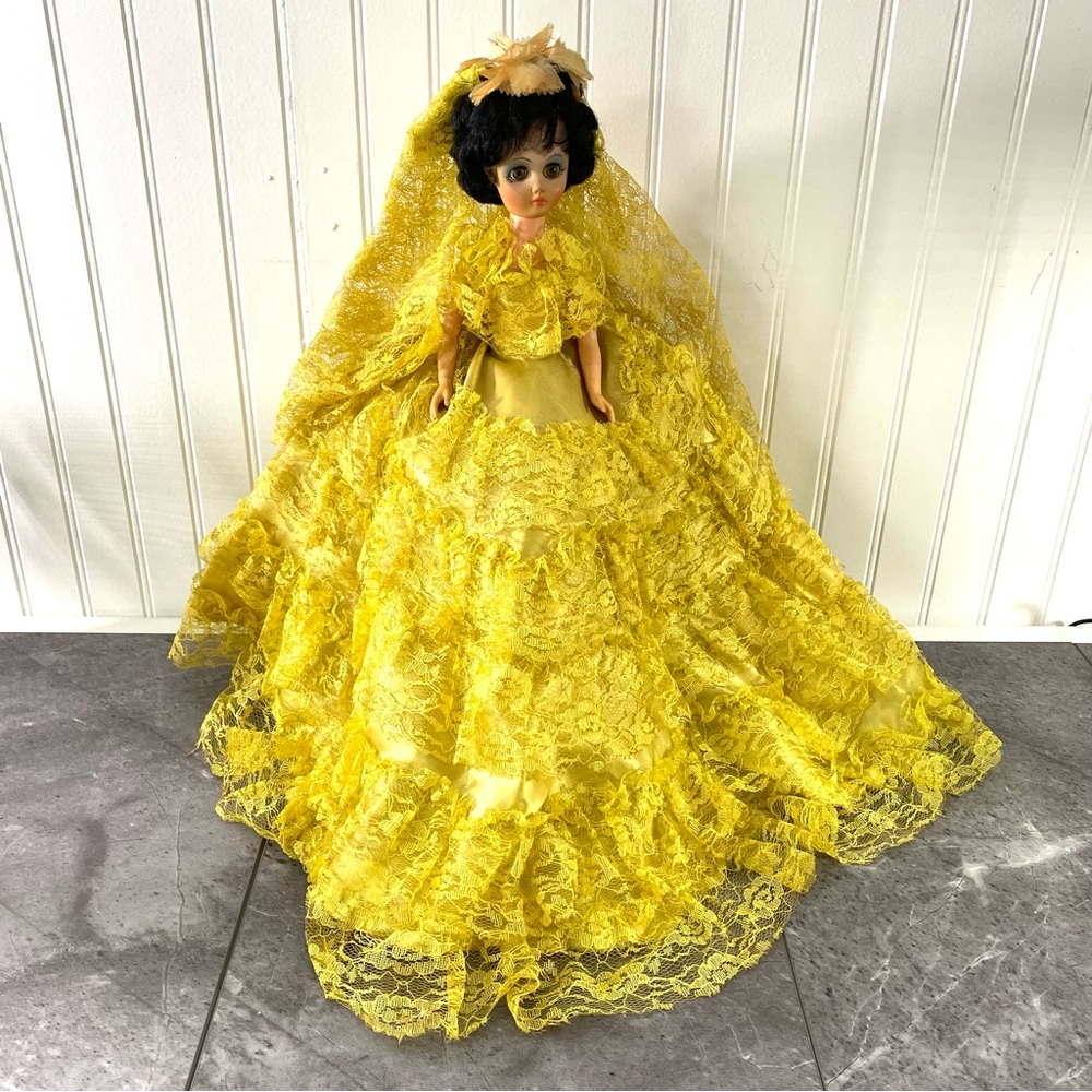 Composition Female Doll Donning Antebellum Southern Bell Yellow Lacey Dress 15”